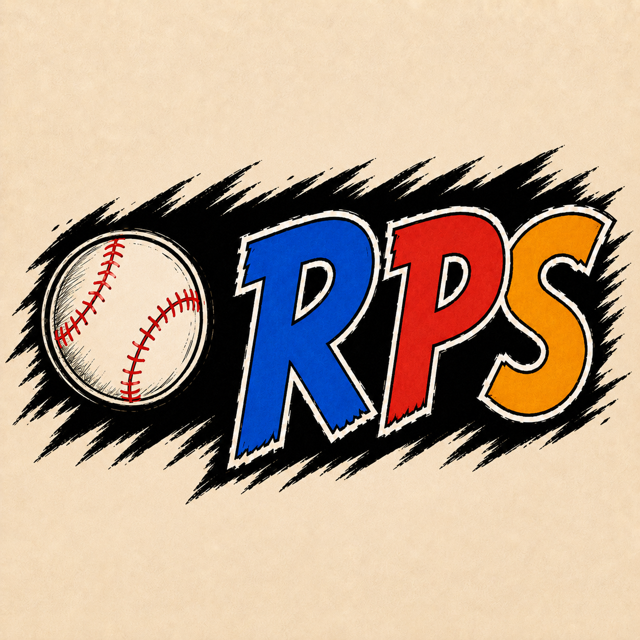 Baseball RPS artwork with a baseball and blue, red, and yellow RPS lettering
